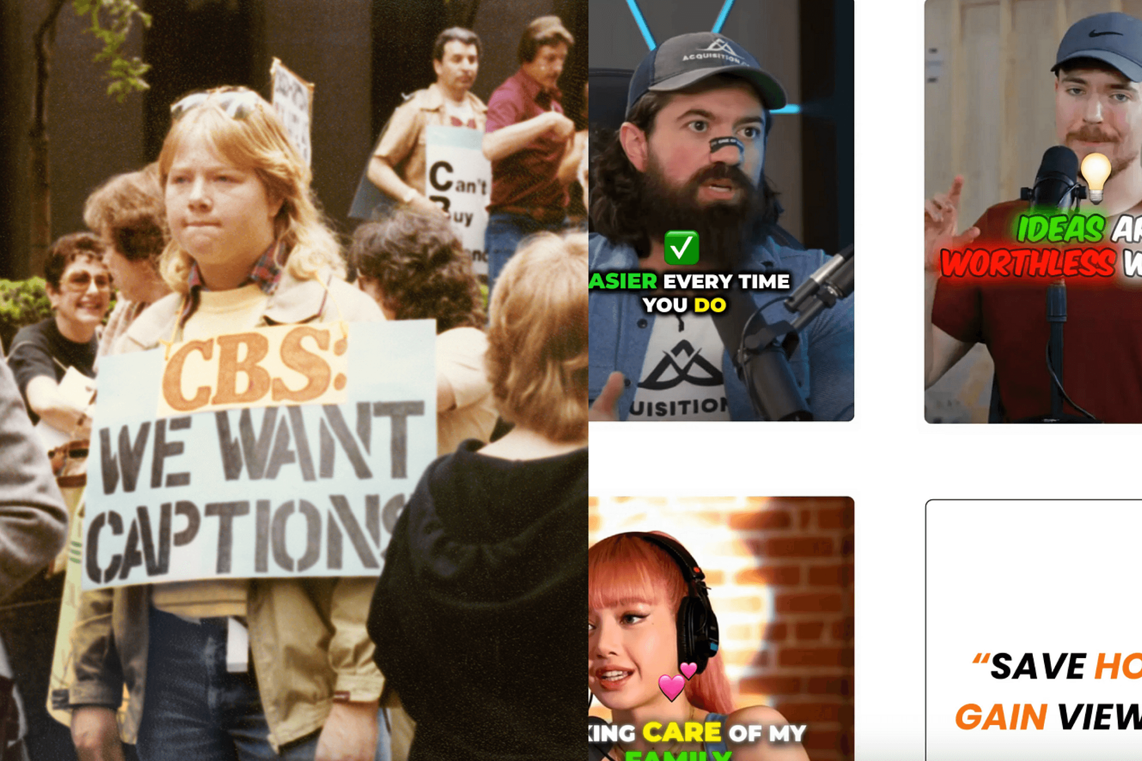 Collage juxtaposing a historical photo of a young man holding a 'CBS: We Want Captions' protest sign, attributed to the National Association of the Deaf, with modern social media video thumbnails featuring bold captions.